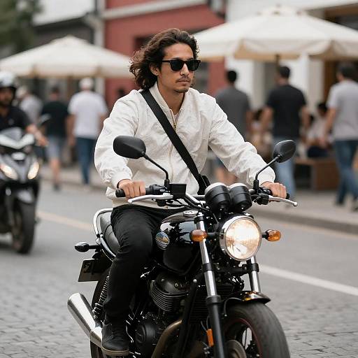 Man Riding Black Motorcycle on Cobblestones