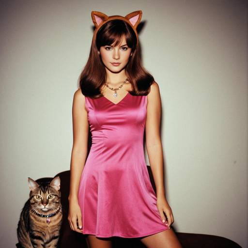 Woman in Pink Dress with Cat Ears and Tabby Cat