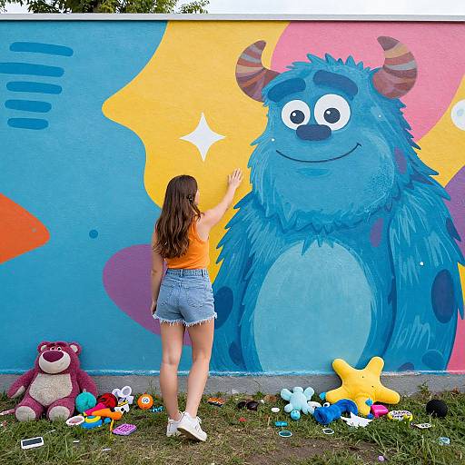 Photograph of a girl with long brown hair in an orange top and denim shorts, touching a colorful mural of a blue, smiling monster, surrounded by
