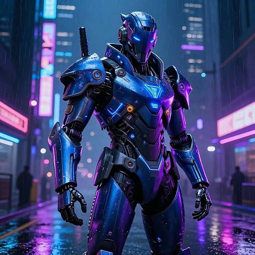CGI image of a futuristic, blue and purple armored robot with glowing neon accents standing in a rainy, neon-lit urban street at night.