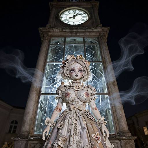 Photorealistic digital art of a ghostly, porcelain doll with glowing eyes, intricate golden dress, and flower crown, standing before a broken clock tower
