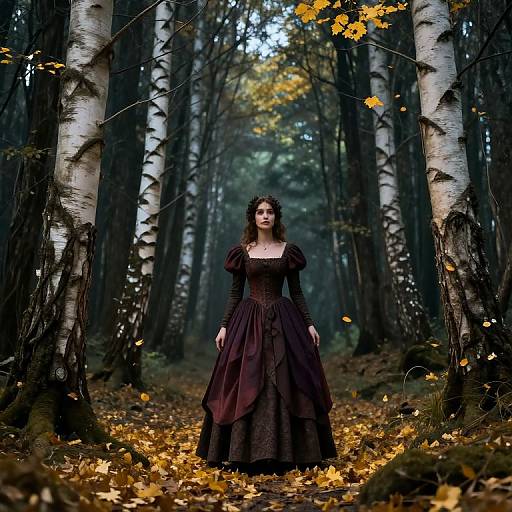 Photograph of a dark-haired woman in a black Victorian dress standing in a birch forest with autumn leaves on the ground.