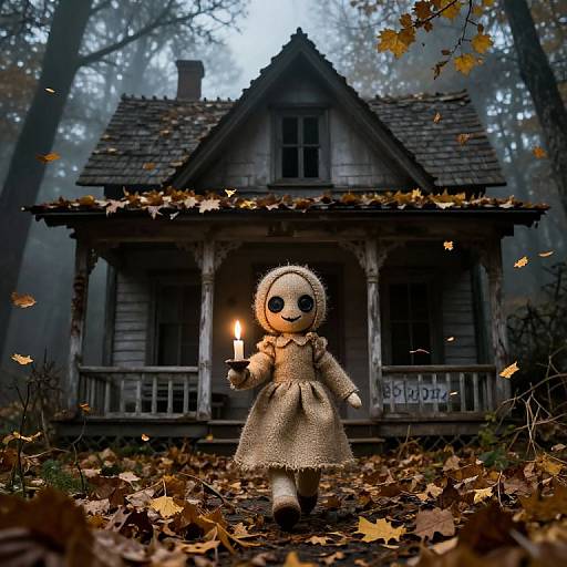 Photograph of a creepy, stitched doll with a candle, wearing a beige dress, standing in a foggy forest, in front of an old,