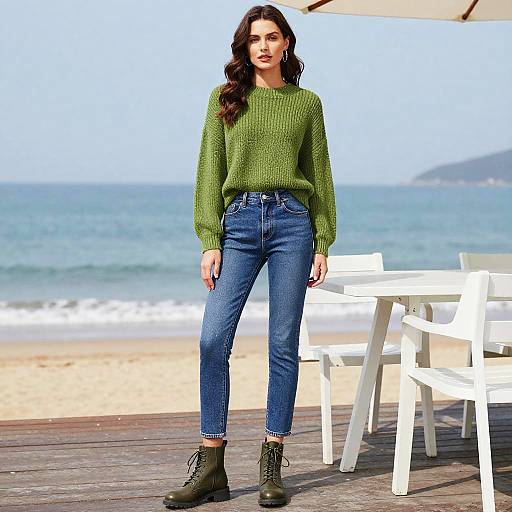 Stylish Woman at Seaside in Cozy Attire