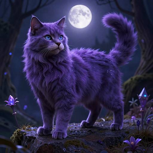 Digital art of a fluffy, purple-gray cat with glowing blue eyes, standing on a mossy rock under a full moon in a dark, enchanted forest
