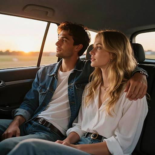 Photograph of a young couple sitting in a car at sunset, with the man in a denim shirt and white tee, and the woman in a white