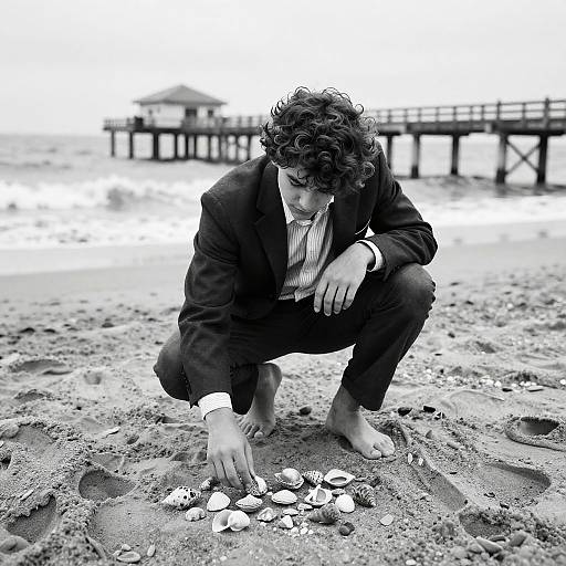 Black-and-white photograph of a curly-haired man in a suit squatting on a sandy beach, collecting seashells near a pier.