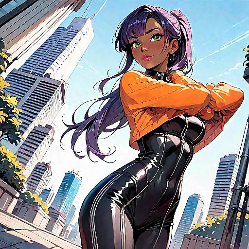 Yoruichi in Black Bodysuit Cityscape