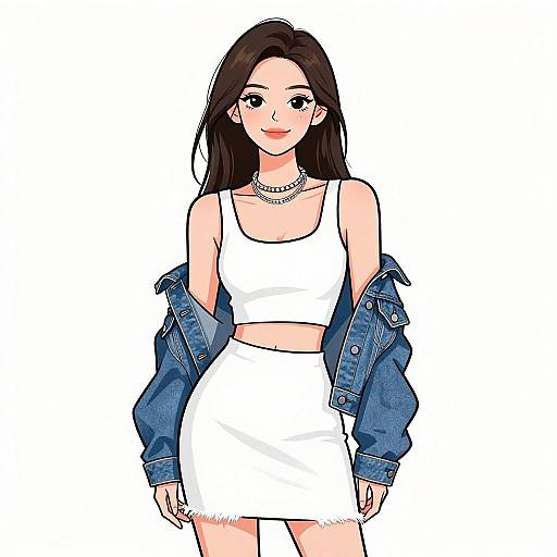 Digital illustration of a smiling Asian woman with long black hair, wearing a white crop top and skirt, denim jacket off shoulders, and a necklace, standing