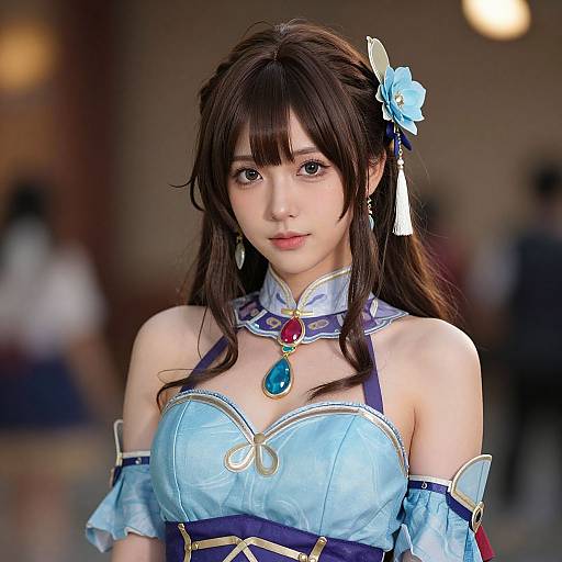 Photograph of an Asian woman cosplaying as a blue, fantasy-style character with long brown hair, blue flower hairpiece, and detailed armor. Bl