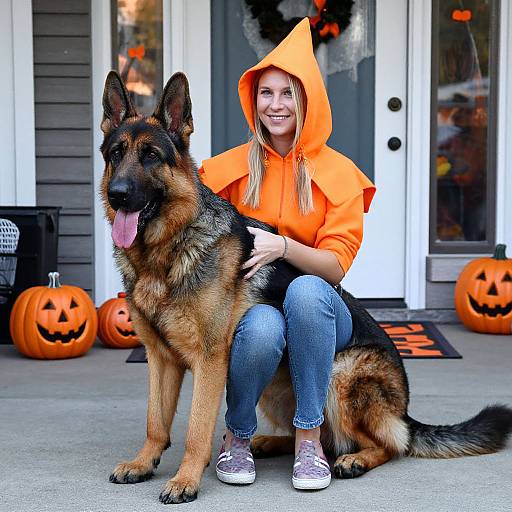 Photograph: Smiling blonde woman in orange hoodie and jeans kneels beside a large, black-and-tan German Shepherd, surrounded by carved pumpkins