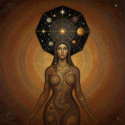 Digital artwork of a tattooed, nude woman with an astronomical headdress, featuring planets, against a spiral, orange-brown cosmic background.