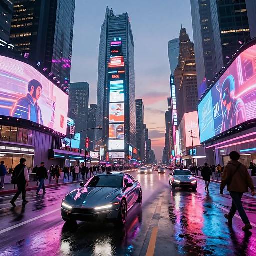 Photograph of a vibrant, neon-lit urban street at dusk with rain, busy with cars and pedestrians, surrounded by towering skyscrapers.