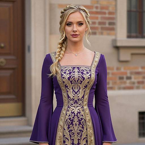 Blonde Woman in Purple Gold Dress