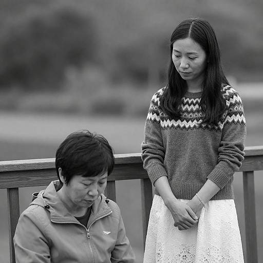 Black and White Portrait of Two Asian Women Outdoors
