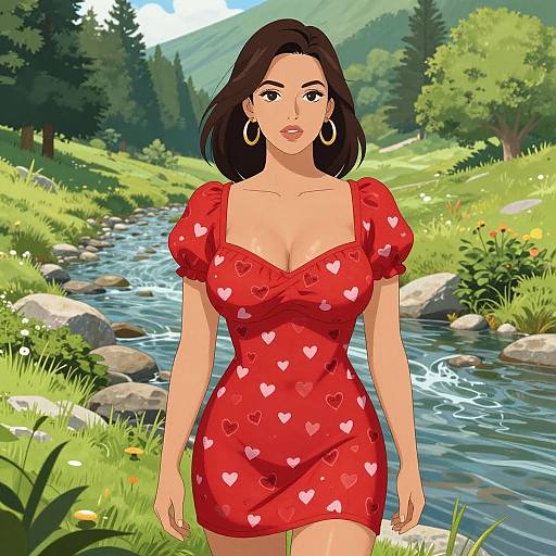 Digital illustration of a curvy woman with large breasts, wearing a red heart-patterned dress, standing by a sunny mountain stream.