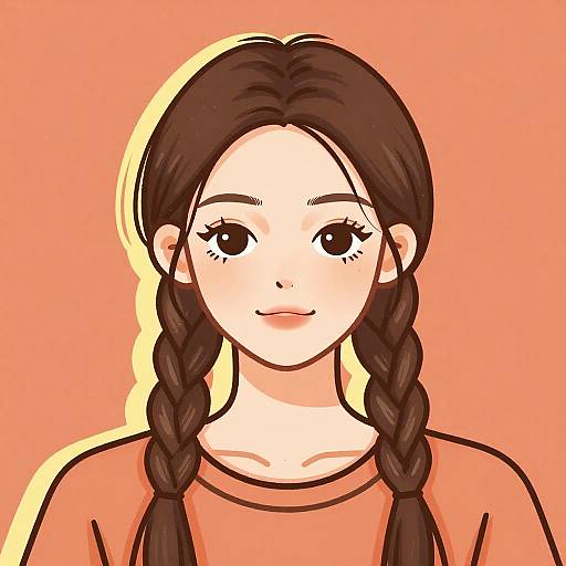 Digital drawing of a young girl with brown braided hair, large black eyes, and fair skin, wearing an orange shirt, against an orange background.
