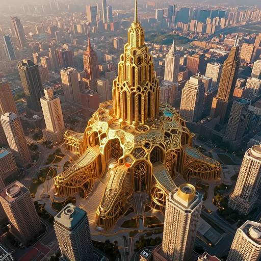 Aerial CGI of a golden, futuristic skyscraper with intricate architecture, illuminated by sunlight, surrounded by a dense urban cityscape.