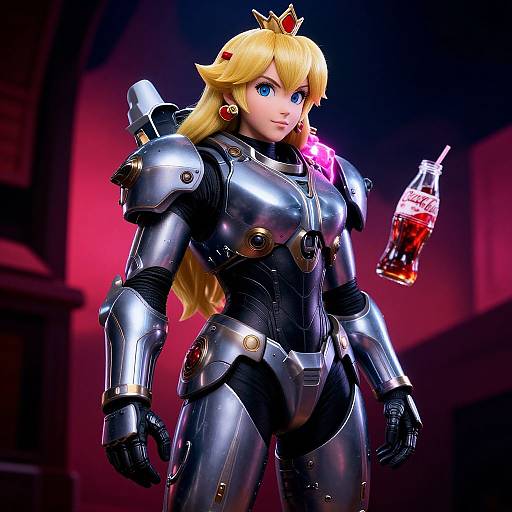 Digital artwork of Princess Peach in futuristic, silver armor with a crown, holding a floating soda can, set against a dark, neon-lit background.