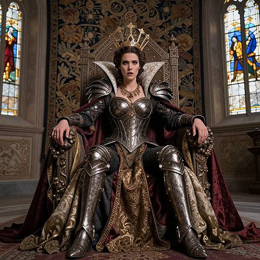 Photograph of a dark-haired woman in ornate medieval armor and crown, sitting on a grand, intricately carved throne in a gothic-styled
