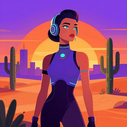 Digital art of a futuristic woman with blue eyes, black bob, headphones, and bodysuit, standing in a vibrant desert sunset with cacti