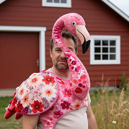 Man in Handmade Flamingo Costume