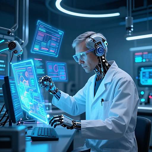 Cyborg scientist in white lab coat, futuristic blue-tinted workspace, wearing transparent visor and robotic arm, interacting with glowing holographic screens.