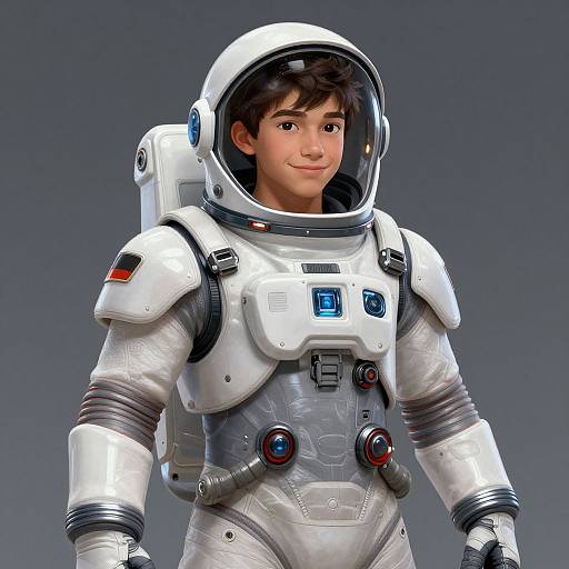 CGI image of a young boy with brown hair in a detailed white astronaut suit with blue and red buttons, standing against a gray gradient background.
