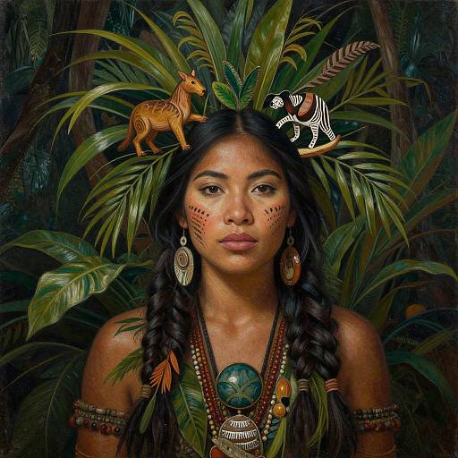Digital artwork of an indigenous woman with dark hair in braids, adorned with animal figurines and leafy headdress, set against lush jungle foliage.