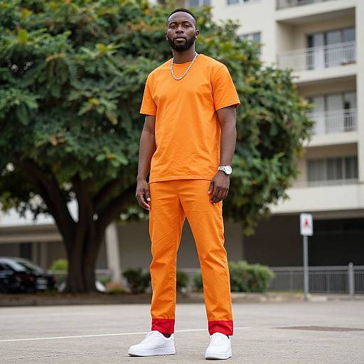 Photograph of a tall, muscular Black man in bright orange shirt and pants, white sneakers, gold chain, standing confidently in urban setting with trees and