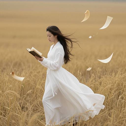 Photograph of an Asian woman with long black hair, wearing a flowing white dress, reading a book in a golden wheat field, with floating paper pages