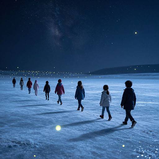 Photograph of children in winter clothes walking on a glowing, starry ice field at night, with the Milky Way visible in the dark blue sky.