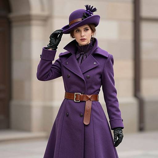 Photograph of a woman in a purple Victorian-style coat, black gloves, and hat with a purple feather, standing in an urban setting.