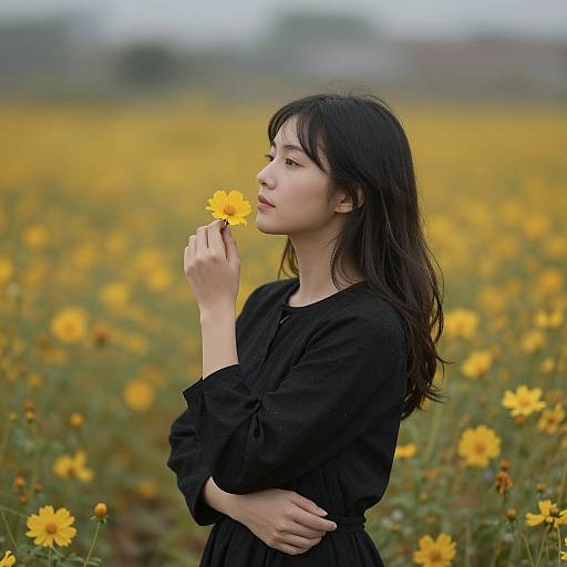 Asian woman with long black hair, wearing a black dress, gently smelling a yellow flower in a vast yellow wildflower field. Photograph.