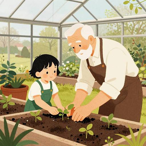 Mid-Century Greenhouse: Gardener Teaching Child