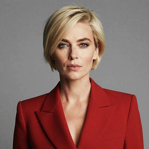 Photograph of a blonde woman with short, layered hair, wearing a vibrant red blazer, against a plain gray background. She has blue eyes and