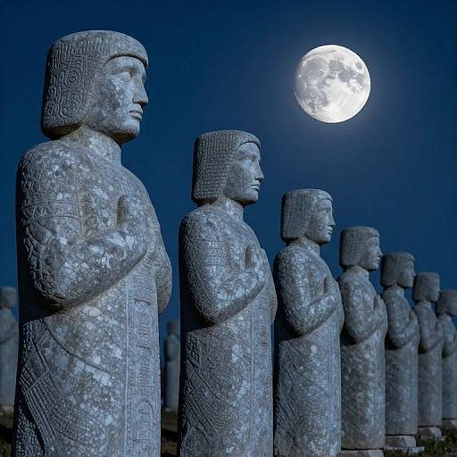 Photograph of Moai statues under a full moon, standing in a row on a dark blue night, their intricate carvings illuminated by the moon