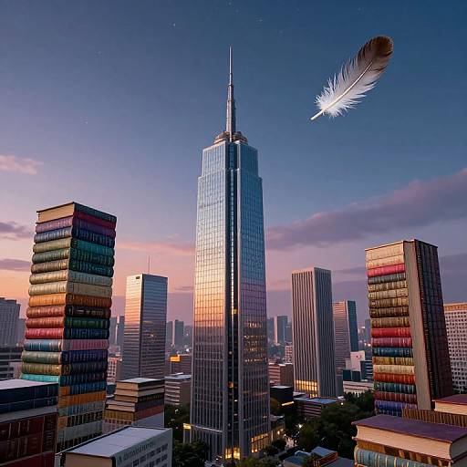 Photograph of a cityscape at dusk, featuring a tall, reflective skyscraper with a glowing feather in the sky, surrounded by colorful, striped buildings