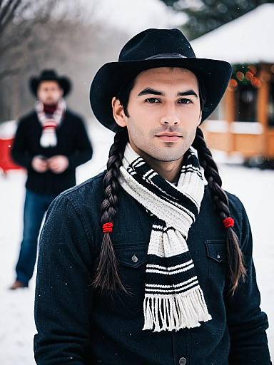 Man in Cowboy Hat and Braids Wearing Scarf in Snow