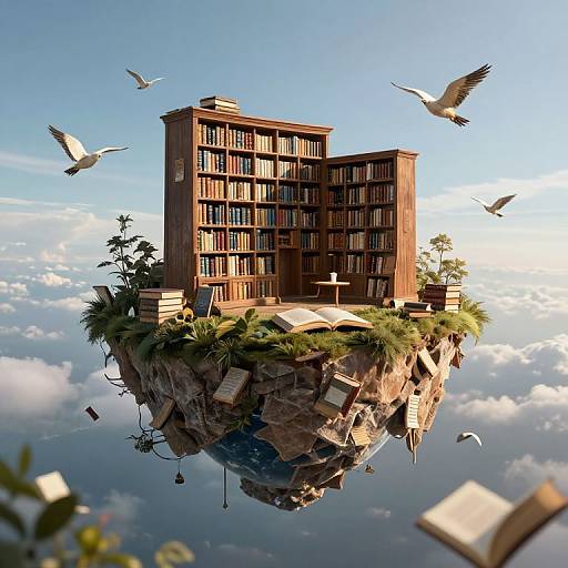 Photorealistic CGI of a floating wooden library building on a rocky island, surrounded by white clouds and flying seagulls, with books and papers scattered