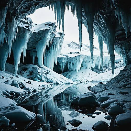 Crystal Ice Cave with Icicles and Reflective Water