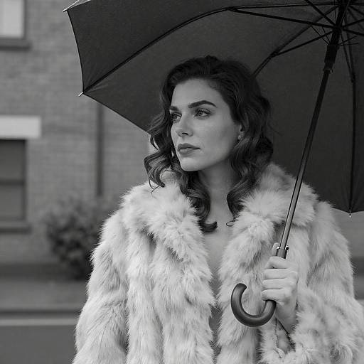 Elegant Woman in Fur Coat with Umbrella