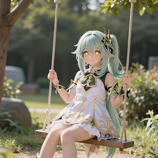 CGI anime girl with glowing yellow eyes, turquoise hair, white dress with gold accents, sitting on a wooden swing in a sunlit forest.