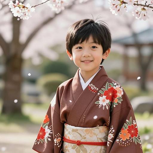 Photograph of a smiling young Asian boy with short black hair, wearing a brown floral kimono with red and white flowers, standing outdoors in a sun