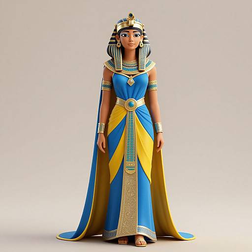 Digital CGI image of a dark-skinned woman in an ancient Egyptian-style dress with blue, yellow, and gold patterns, wearing a striped headdress and