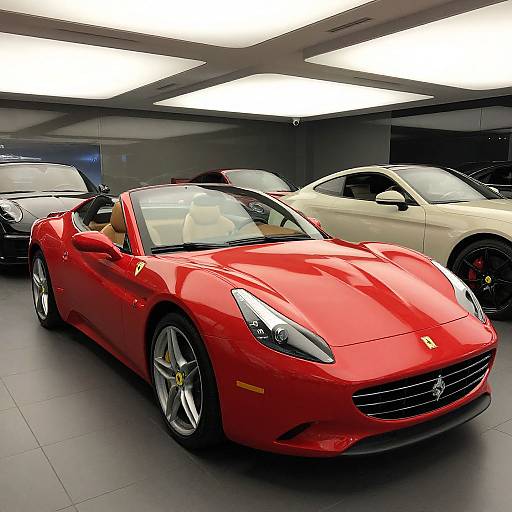 Photograph of a shiny red Ferrari 488 GTB in a modern showroom, surrounded by other sleek, high-end sports cars under bright white ceiling lights