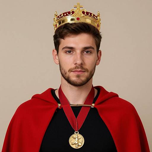 Photograph of a bearded man with brown hair wearing a golden crown, red cape, and a black shirt with a medal.