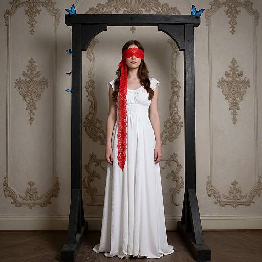 Photograph of a woman in a white dress with a red lace blindfold, standing in a black wooden frame, surrounded by blue butterflies, against an