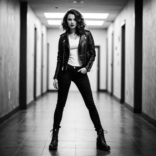 Edgy woman in leather jacket standing in hallway