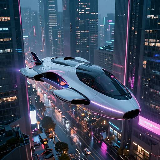 CGI image of a sleek, white, futuristic flying car with neon lights, soaring above a vibrant, neon-lit cityscape with towering skyscrap